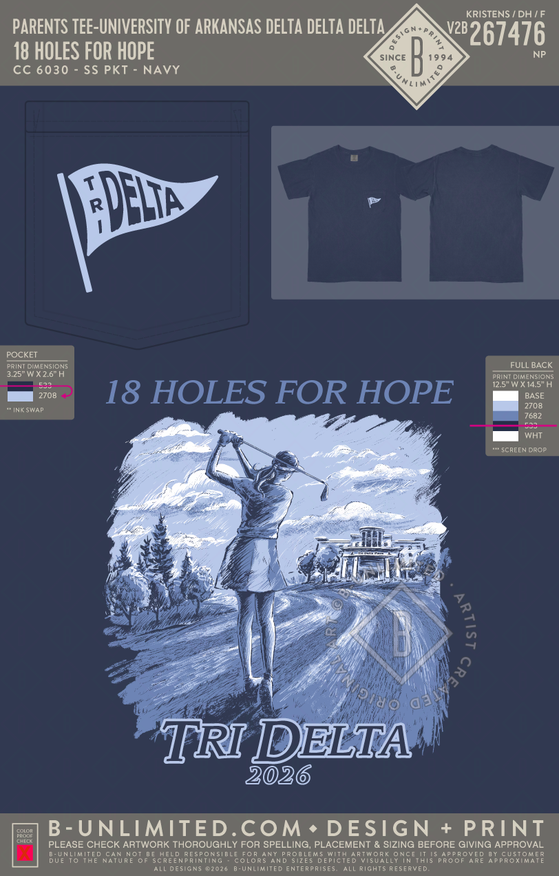 University of Arkansas Delta Delta Delta - 18 Holes for Hope - Parents Tee - CC - 6030 - SS Pocket - True Navy
