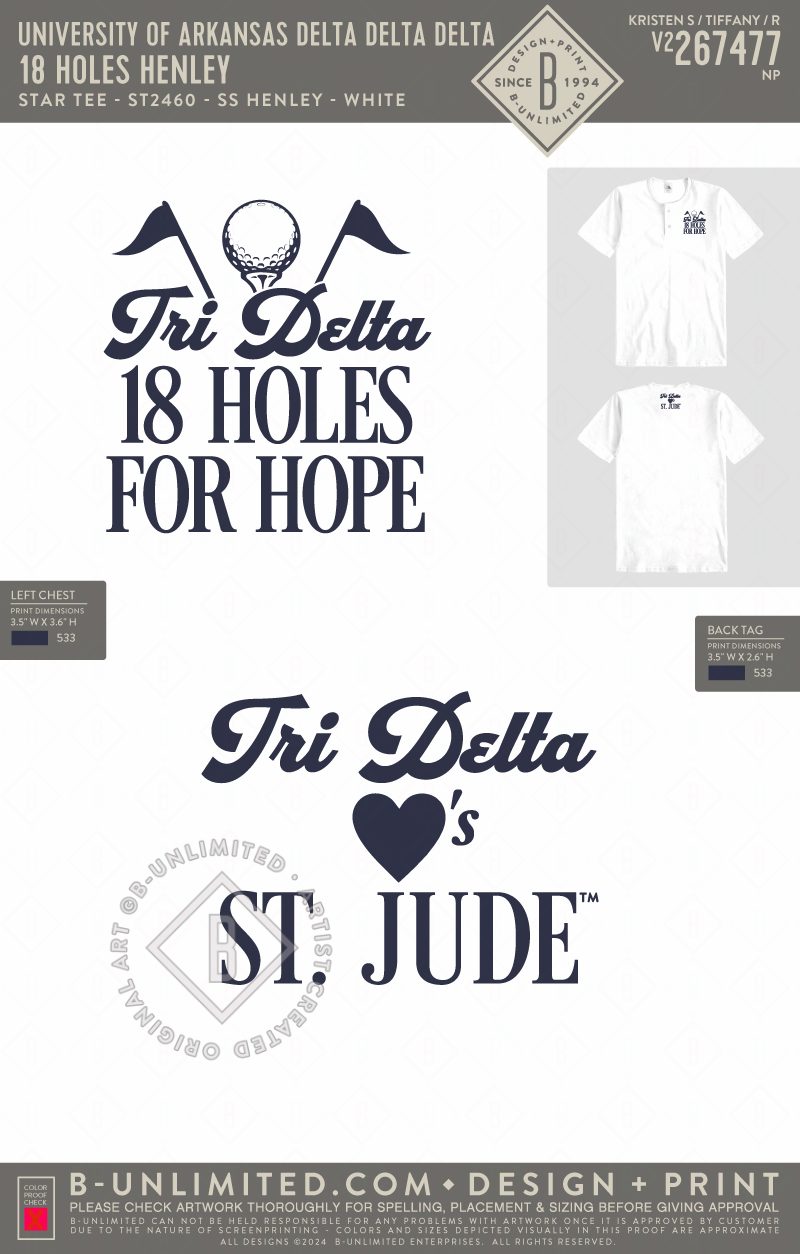 University of Arkansas Delta Delta Delta - 18 Holes Henley - Star Tee - ST2460 - SS Henley - White