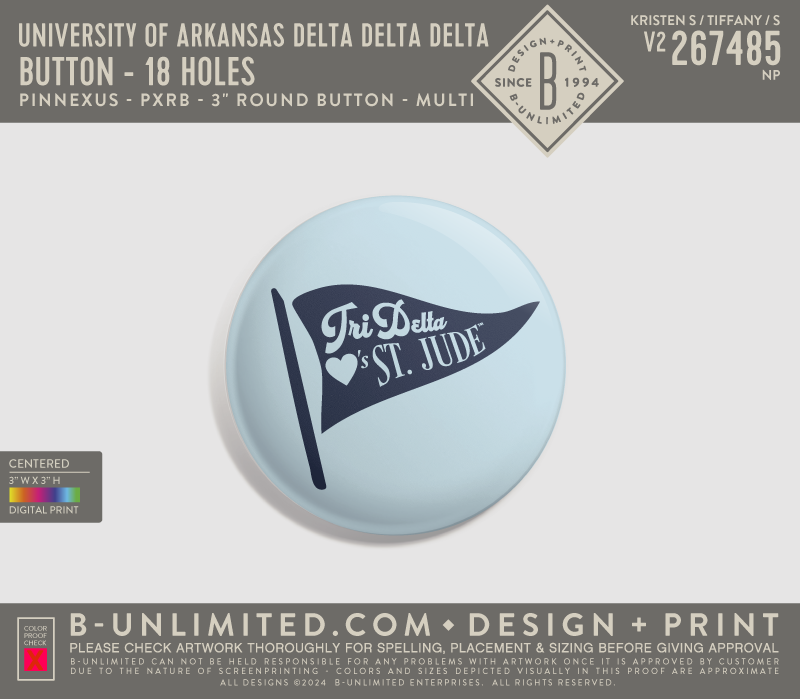 University of Arkansas Delta Delta Delta - Button - 18 holes - PinNexus - PXRB - 3" Round Button - Multi