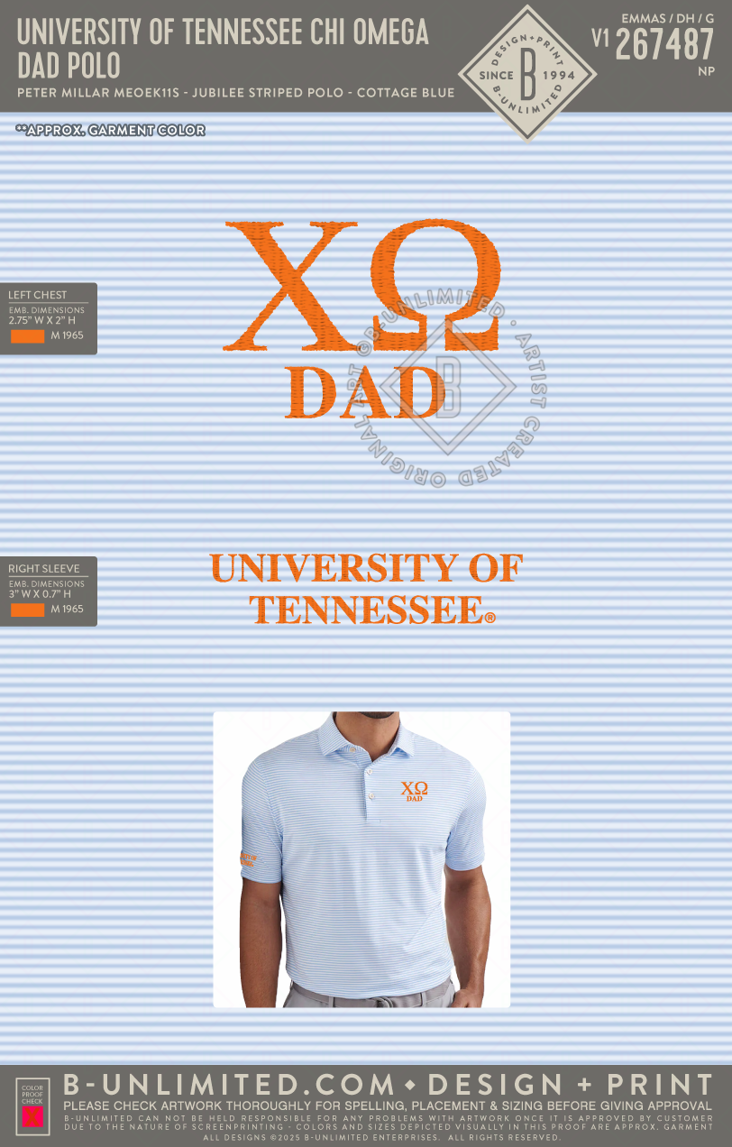 University of Tennessee Chi Omega - Dad Polo - Peter Millar - ME0EK11S - Men's Jubilee Striped Polo - Cottage Blue