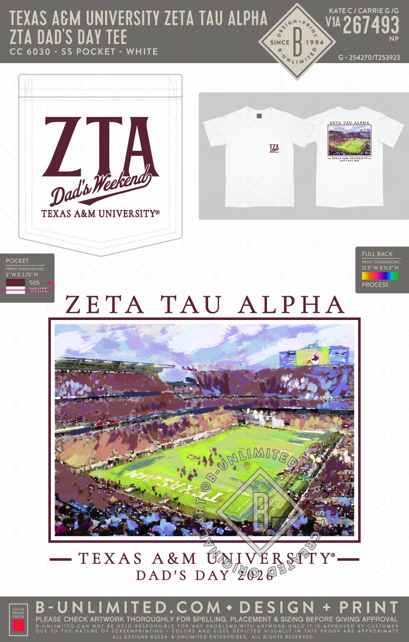 Texas A&M University Zeta Tau Alpha - ZTA Dad's Day Tee - CC - 6030 - SS Pocket - White