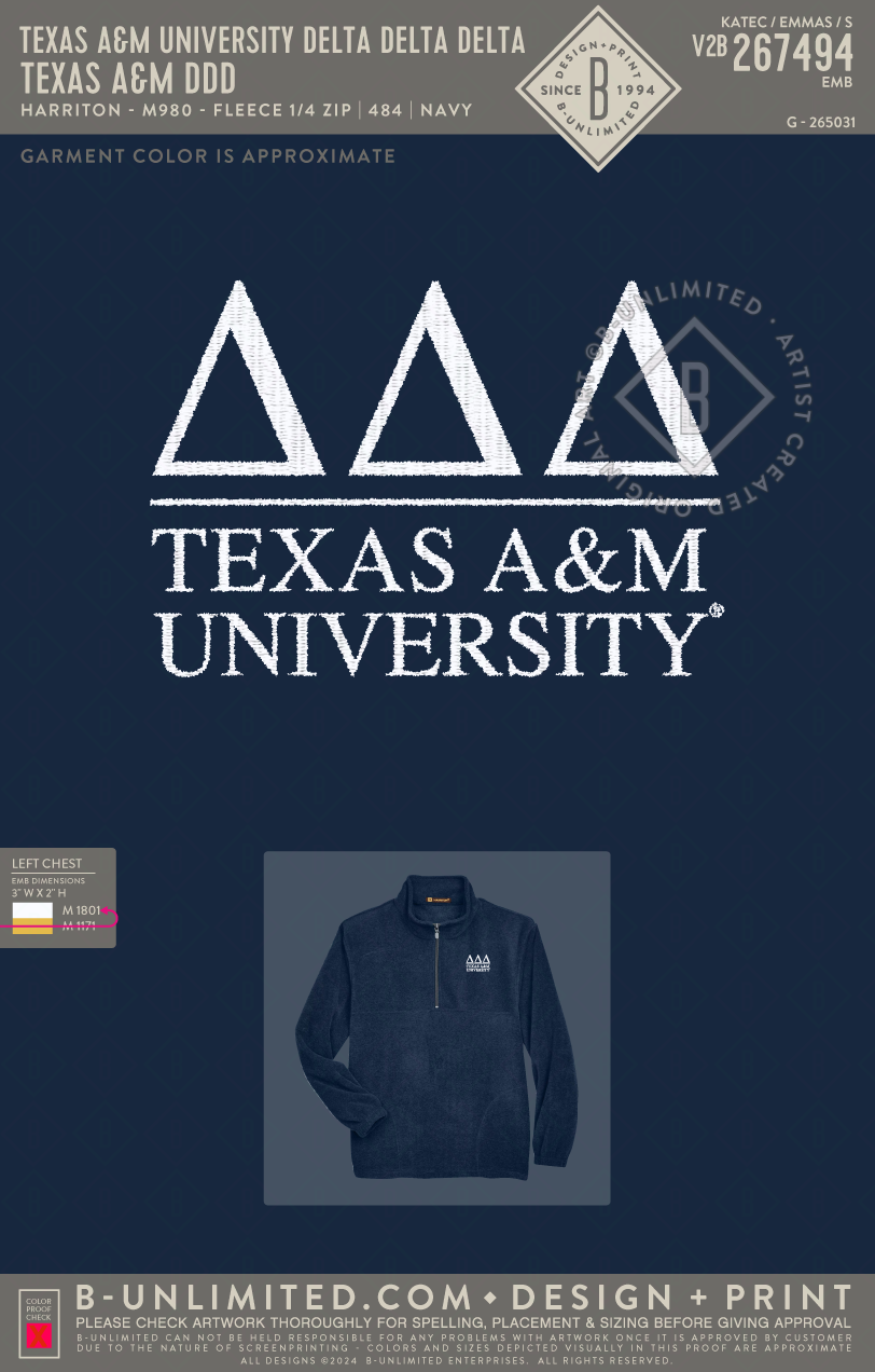 Texas A&M University Delta Delta Delta - Texas A&M DDD - Harriton - M980 - Fleece 1/4 Zip - Navy