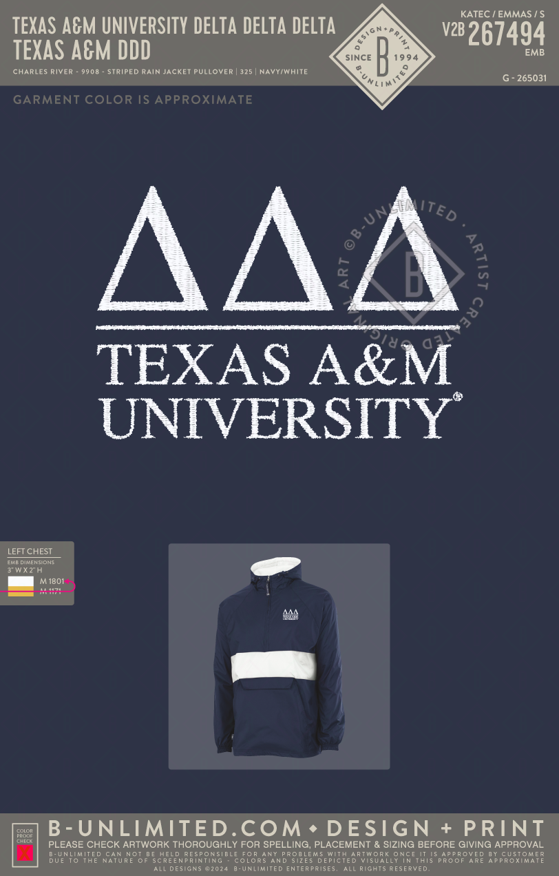 Texas A&M University Delta Delta Delta - Texas A&M DDD - Charles River - 9908 - Striped Rain Jacket Pullover - Navy/White