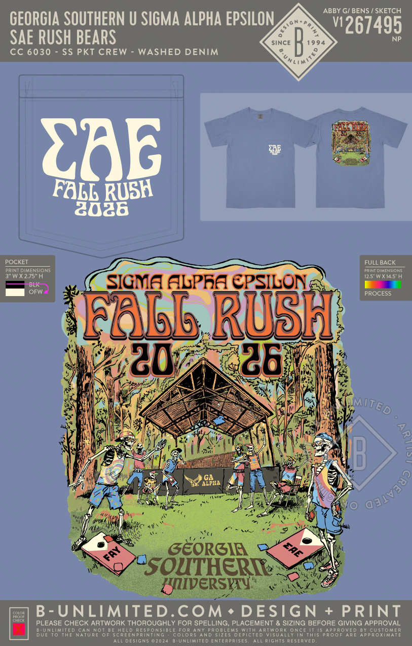 Georgia Southern University Sigma Alpha Epsilon - SAE Rush Bears - CC - 6030 - SS Pocket - Washed Denim