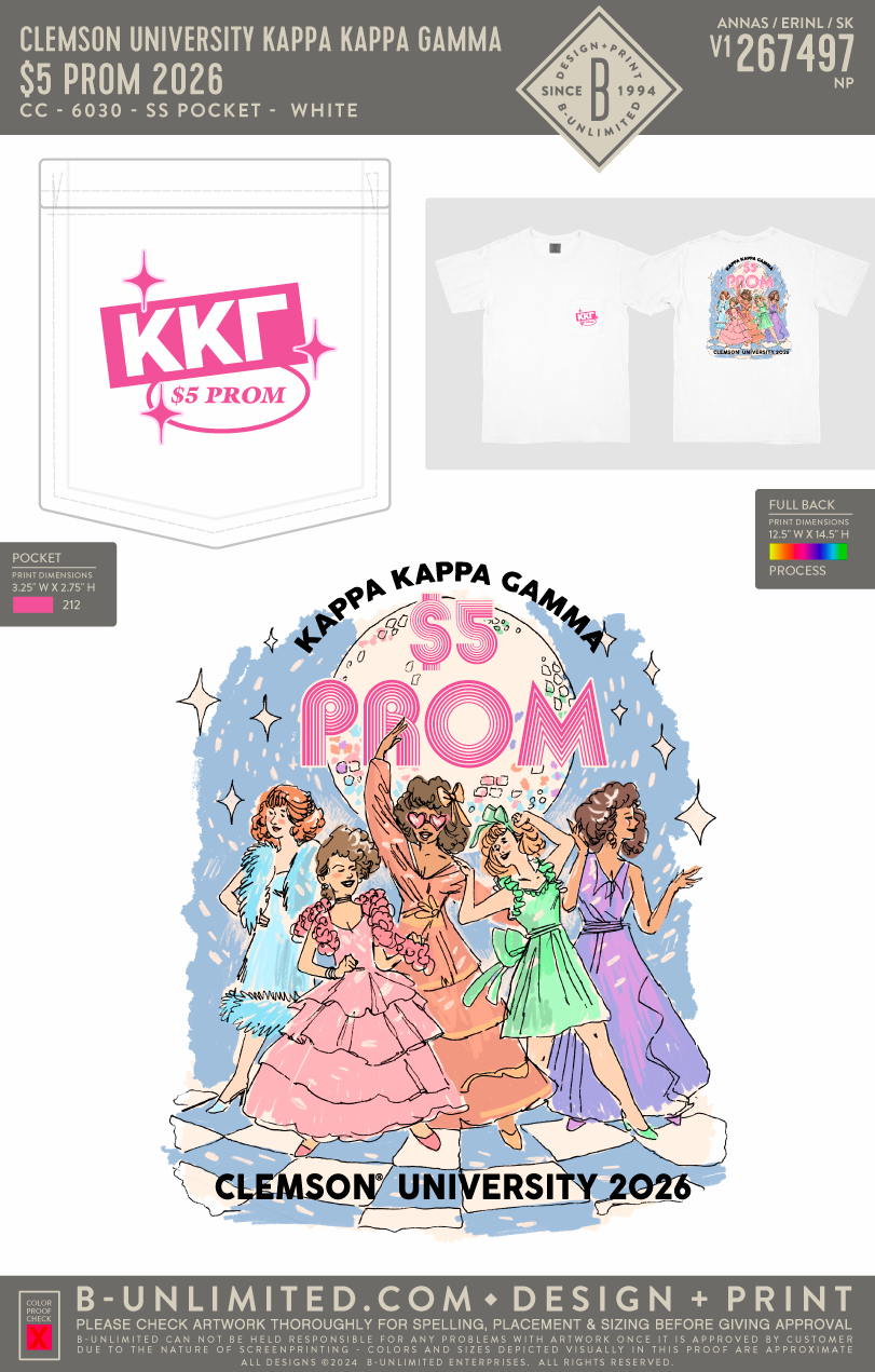 Clemson University Kappa Kappa Gamma - $5 Prom 2026 - CC - 6030 - SS Pocket - White