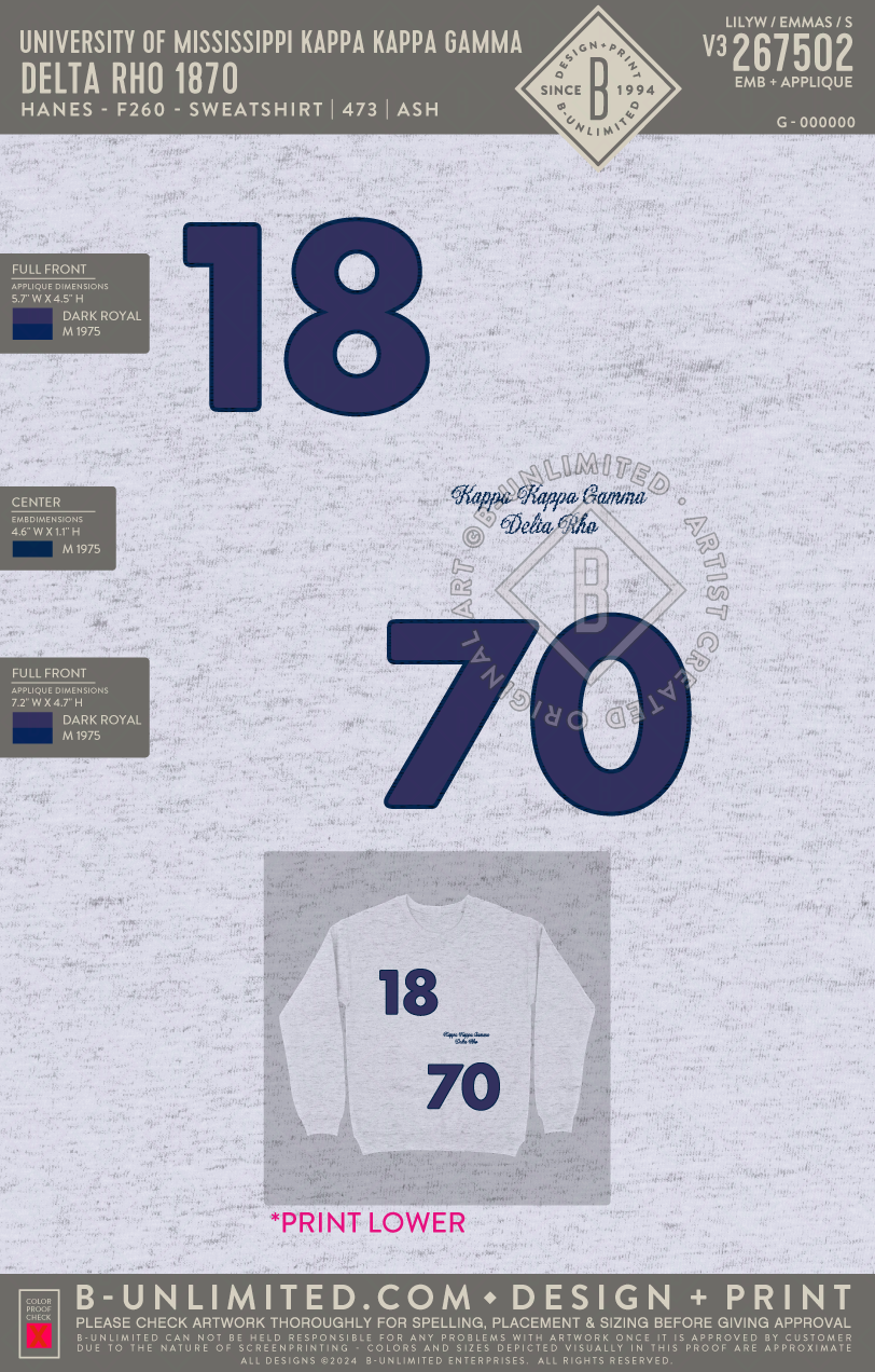 University of Mississippi Kappa Kappa Gamma - Delta Rho 1870 - Hanes - F260 - Sweatshirt - Ash