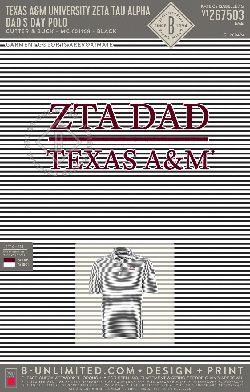 Texas A&M University Zeta Tau Alpha - Dad's Day Polo - Cutter & Buck - MCK01168 - Virtue Eco Pique Stripe Recycled Mens Polo - Black