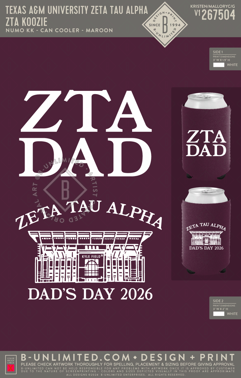 Texas A&M University Zeta Tau Alpha - ZTA Koozie (Pack of 2) - Numo - KK - Can Cooler - Maroon