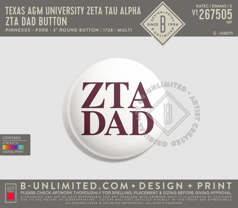 Texas A&M University Zeta Tau Alpha - ZTA Dad Button White - PinNexus - PXRB - 3" Round Button - Multi