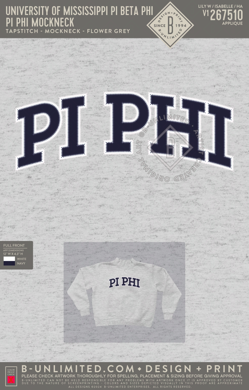 University of Mississippi Pi Beta Phi - Pi Phi Mockneck - Tap Stitch - WW0004-P001-V2 - Mockneck Crewneck Sweatshirt - Flower Grey