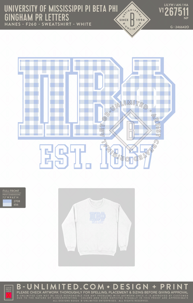 University of Mississippi Pi Beta Phi - Gingham PR Letters - Hanes - F260 - Sweatshirt - White