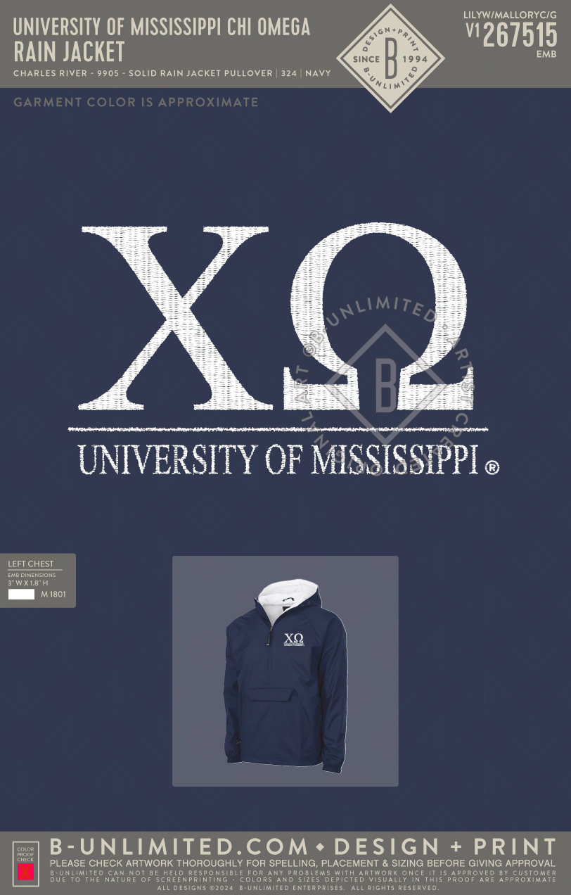 University of Mississippi Chi Omega - Rain Jacket - Charles River - 9905 - Solid Rain Jacket Pullover - Navy