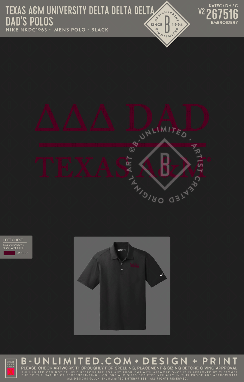 Texas A&M University Delta Delta Delta - Dad's Polos - Nike - NKDC1963 - SS Polo - Black
