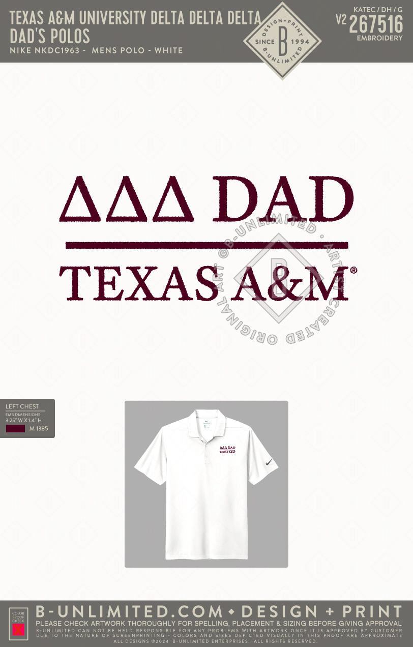 Texas A&M University Delta Delta Delta - Dad's Polos - Nike - NKDC1963 - SS Polo - White