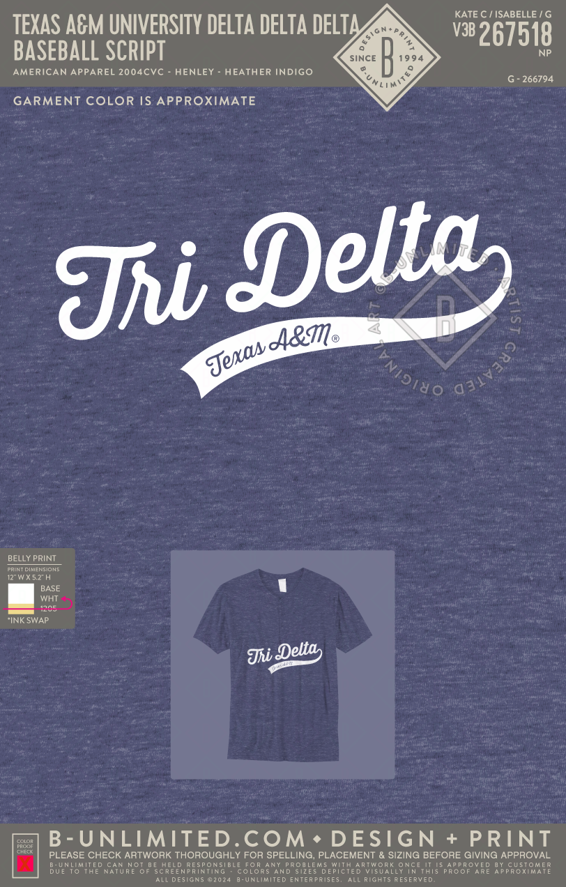 Texas A&M University Delta Delta Delta - Baseball Script - American Apparel - 2004CVC - Henley Tee - Heather Indigo