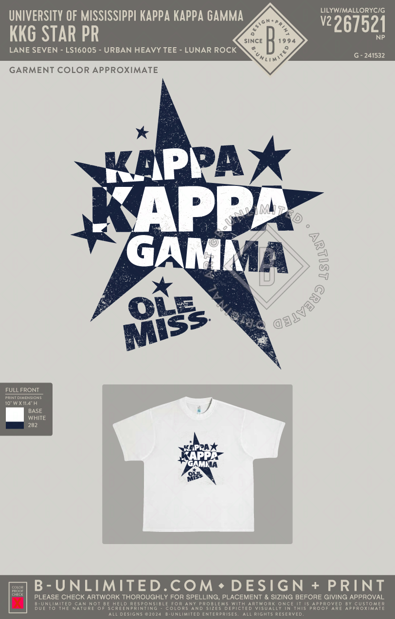 University of Mississippi Kappa Kappa Gamma - KKG Star PR - Lane Seven - LS16005 - Urban Heavy Tee - Lunar Rock
