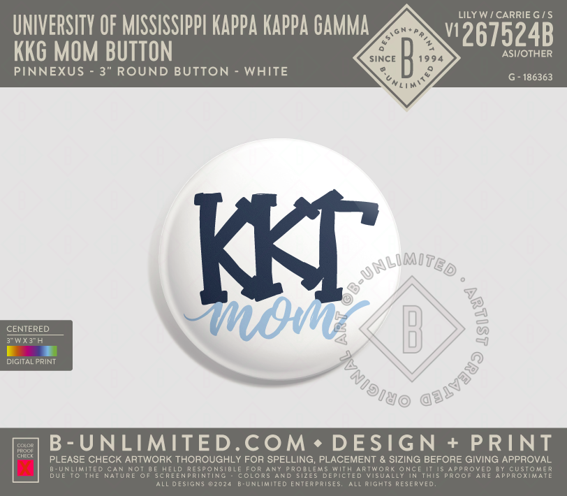 University of Mississippi Kappa Kappa Gamma - KKG Mom Button - PinNexus - PXRB - 3" Round Button - White