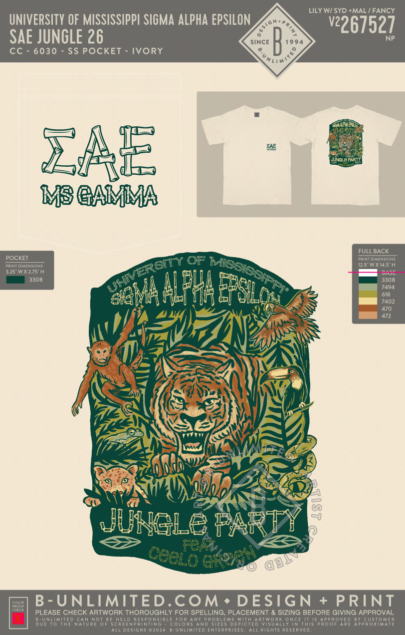 University of Mississippi Sigma Alpha Epsilon - SAE Jungle 26 - CC - 6030 - SS Pocket - Ivory