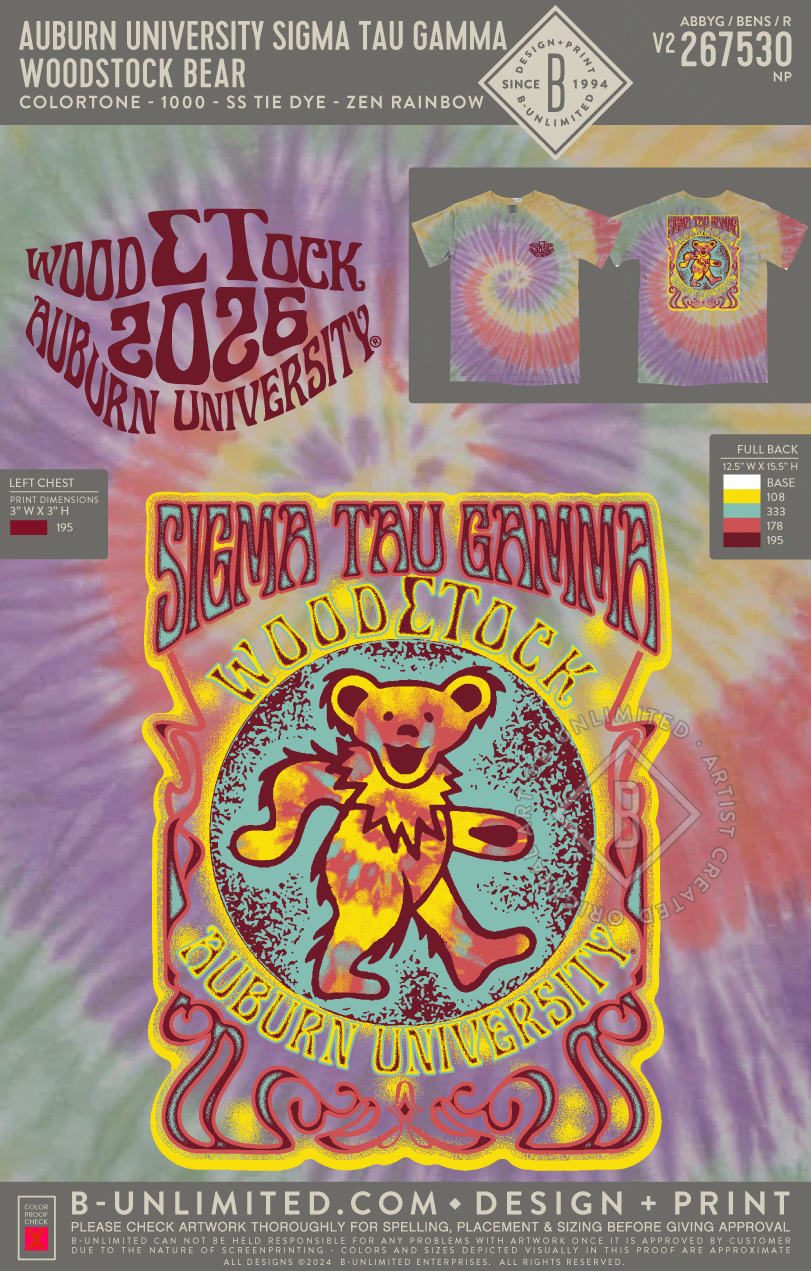 Auburn University Sigma Tau Gamma - Woodstock Bear - Colortone - 1000 - Tie Dye Tee - Zen Rainbow