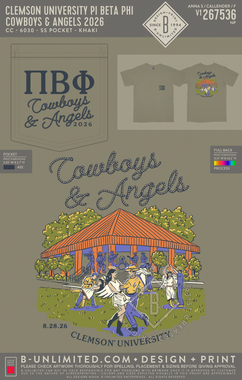 Clemson University Pi Beta Phi - Cowboys & Angels 2026 - CC - 6030 - SS Pocket - Khaki