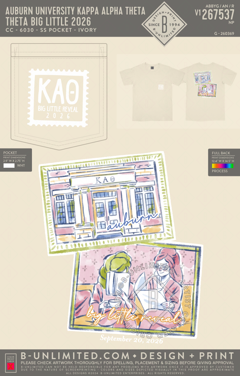 Auburn University Kappa Alpha Theta - Theta Big Little 2026 - CC - 6030 - SS Pocket - Ivory