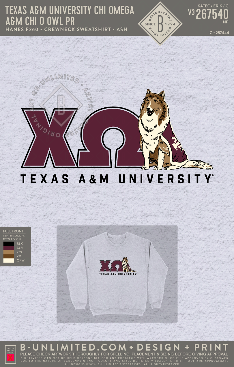 Texas A&M University Chi Omega - A&M Chi O Reveille PR - Hanes - F260 - Sweatshirt - Ash