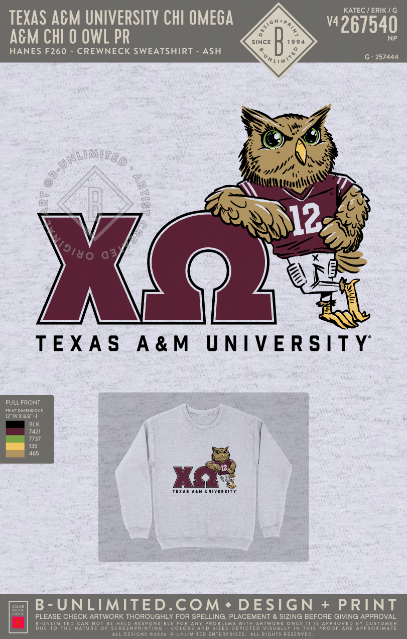 Texas A&M University Chi Omega - A&M Chi O Owl PR - Hanes - F260 - Sweatshirt - Ash