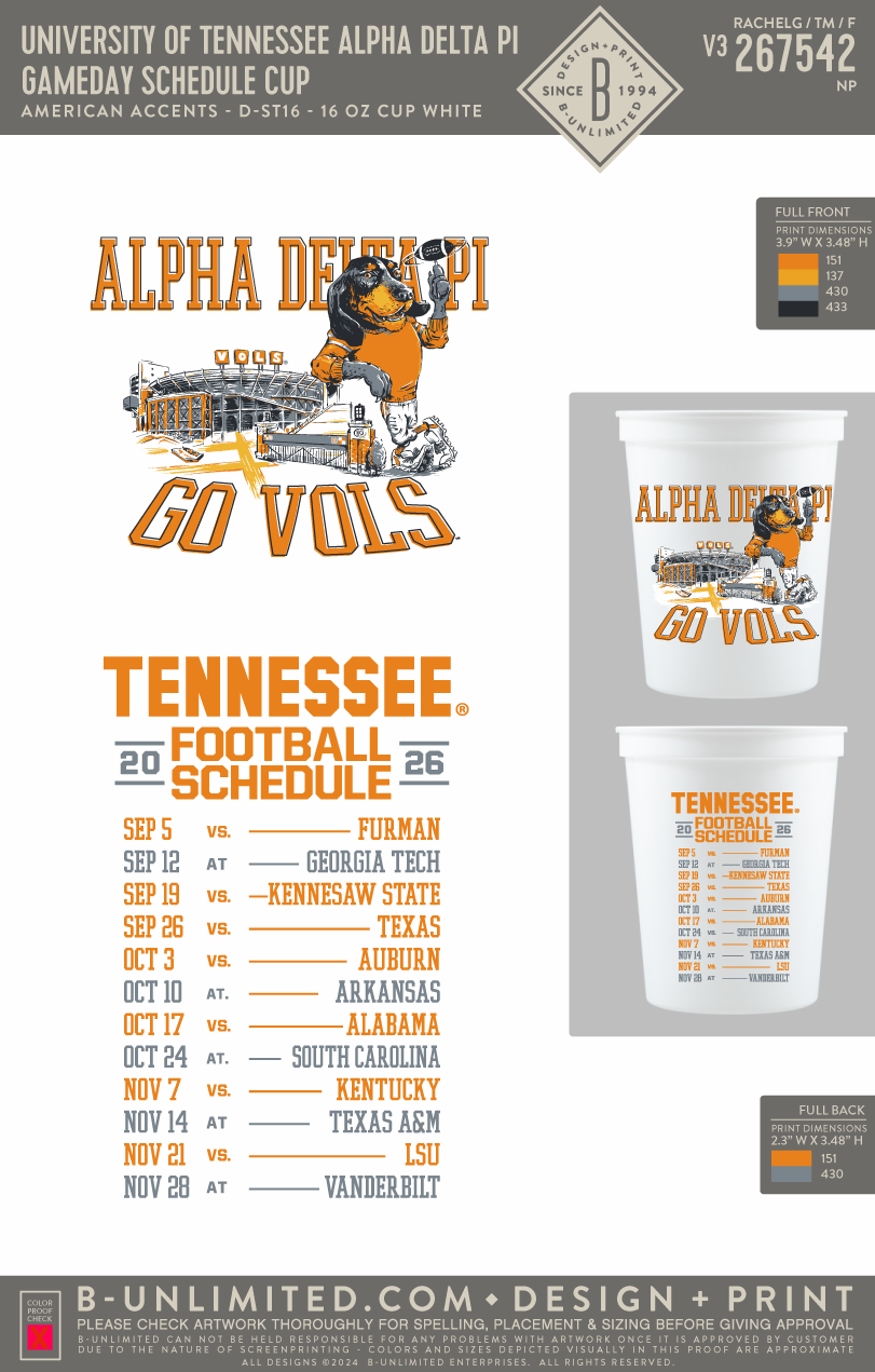 University of Tennessee Alpha Delta Pi - Gameday Schedule Cup - American Accents - D-ST16 - 16 oz Cup - White