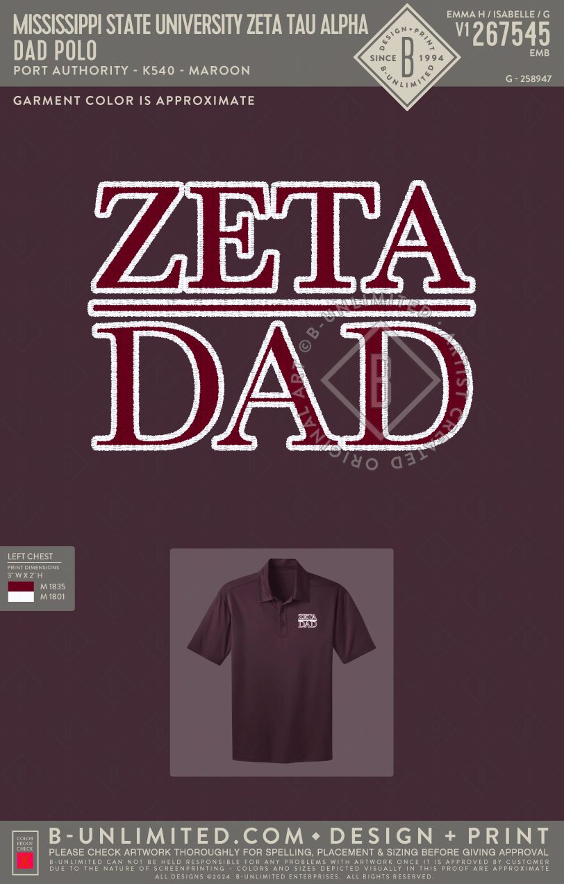 Mississippi State University Zeta Tau Alpha - Dad Polo - Port Authority - K540 - Silk Touch Performance Polo - Maroon