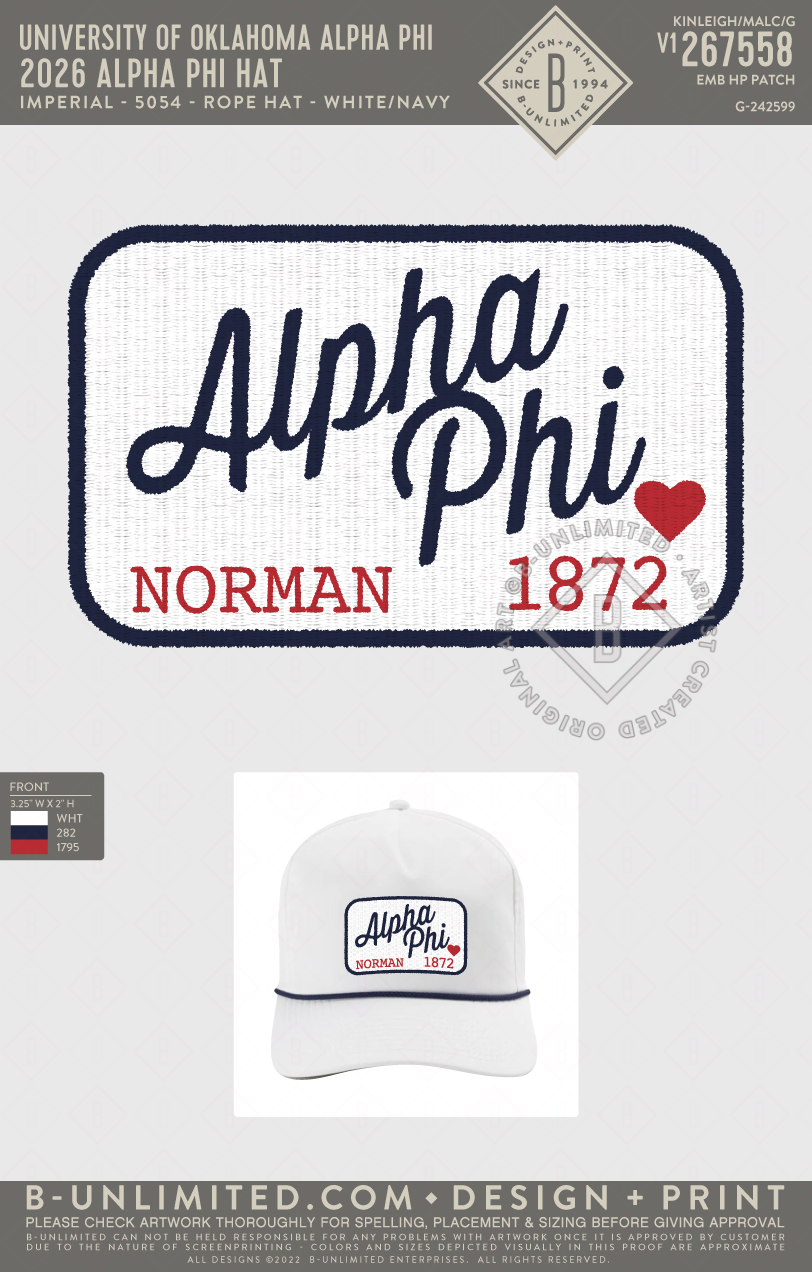 University of Oklahoma Alpha Phi - 2026 Alpha Phi Hat - Imperial - 5054 - Rope Hat - White/Navy