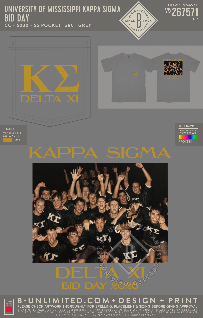 University of Mississippi Kappa Sigma - Bid Day - CC - 6030 - SS Pocket - Grey