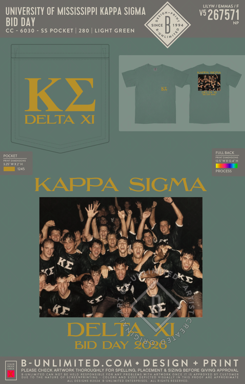 University of Mississippi Kappa Sigma - Bid Day - CC - 6030 - SS Pocket - Light Green