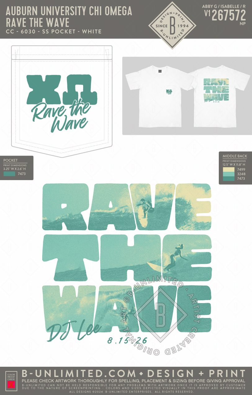 Auburn University Chi Omega - Rave the Wave - CC - 6030 - SS Pocket - White