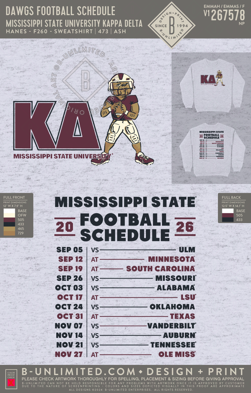 Mississippi State University Kappa Delta - Dawgs Football Schedule - Hanes - F260 - Sweatshirt - Ash