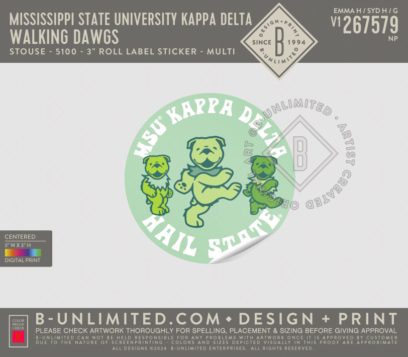 Mississippi State University Kappa Delta - Walking Dawgs - Stouse - 5100 - 3" Roll Label Sticker - Multi