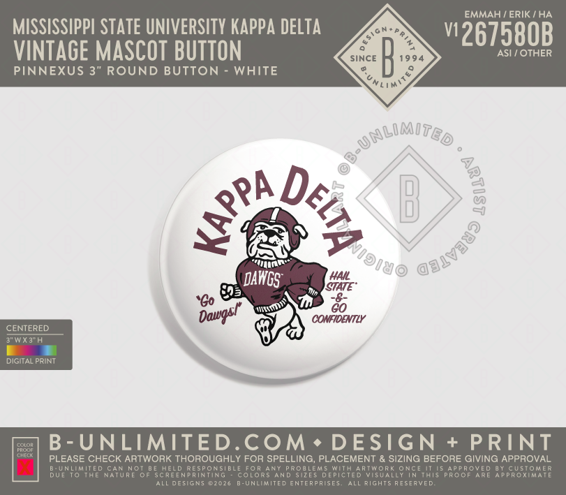 Mississippi State University Kappa Delta - Vintage Mascot BUTTON - PinNexus - PXRB - 3" Round Button - White