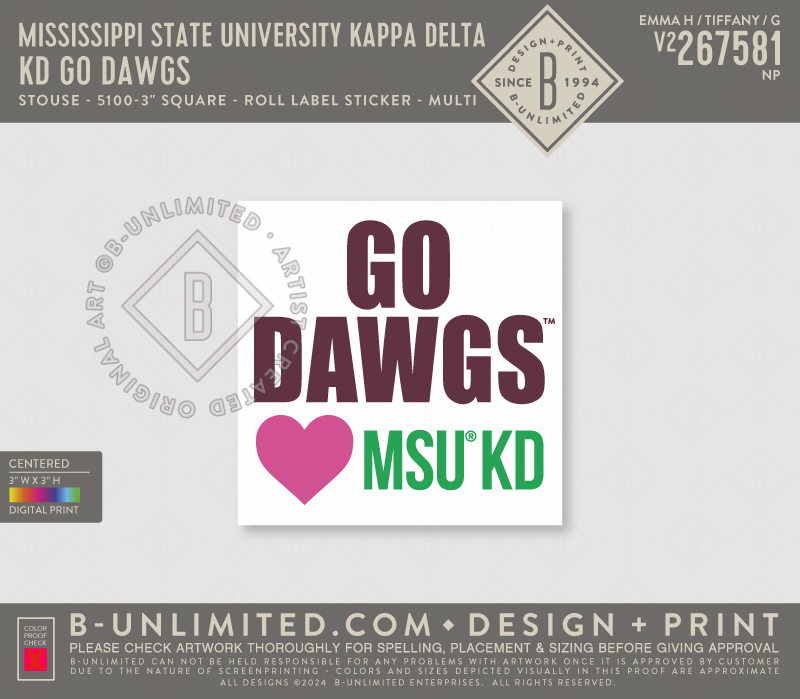 Mississippi State University Kappa Delta - KD Go Dawgs - Stouse - 5100-3" Square - Roll Label Sticker - Multi