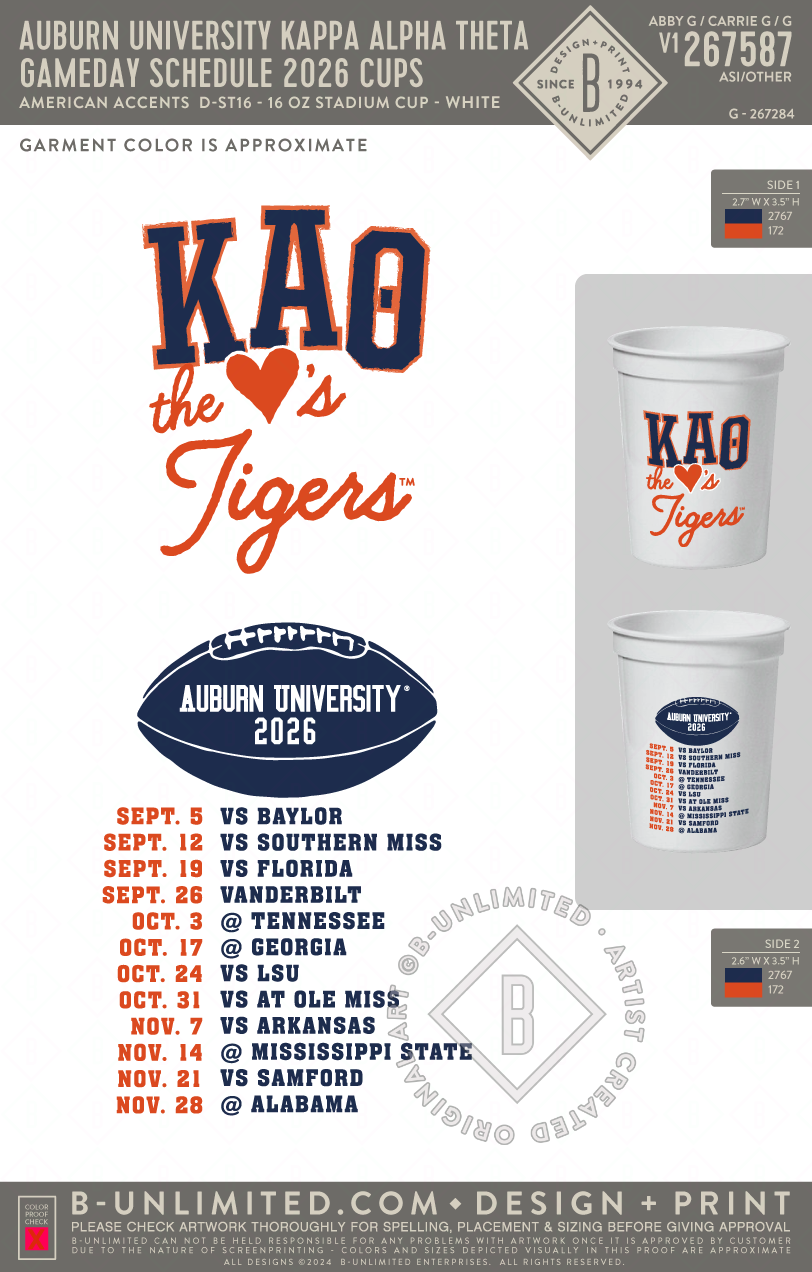 Auburn University Kappa Alpha Theta - Gameday Schedule 2026 Cups - American Accents - D-ST16 - 16 oz Cup - White