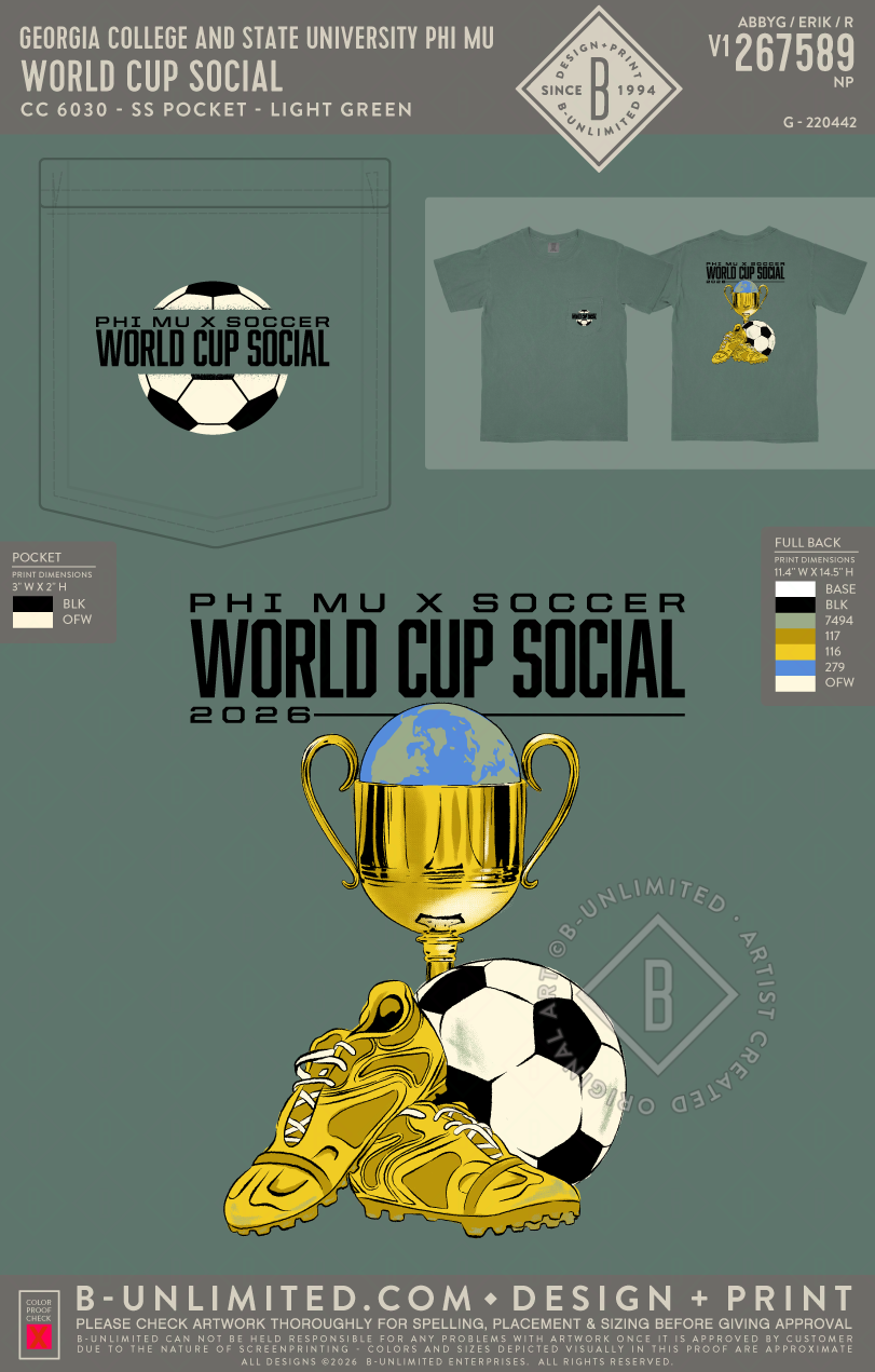 Georgia College and State University Phi Mu - World Cup Social - CC - 6030 - SS Pocket - Light Green
