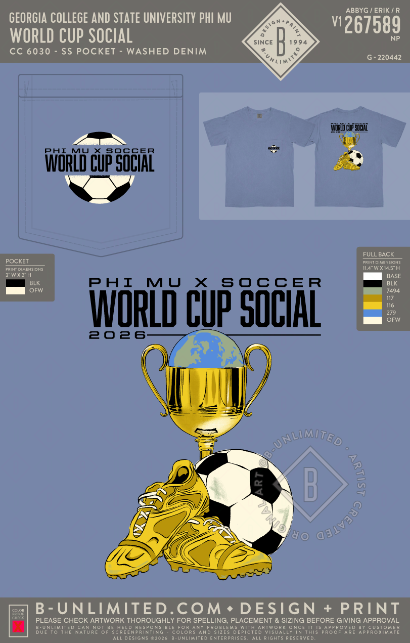 Georgia College and State University Phi Mu - World Cup Social - CC - 6030 - SS Pocket - Washed Denim