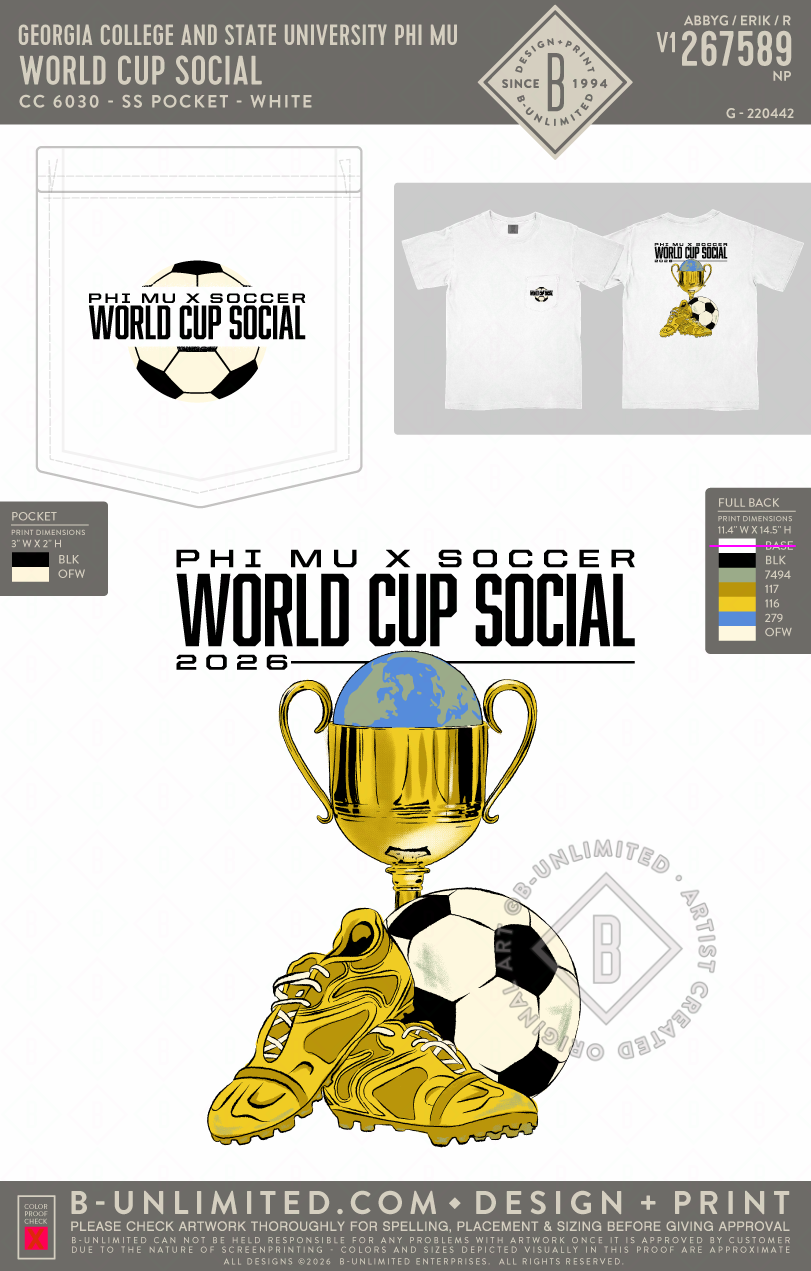 Georgia College and State University Phi Mu - World Cup Social - CC - 6030 - SS Pocket - White
