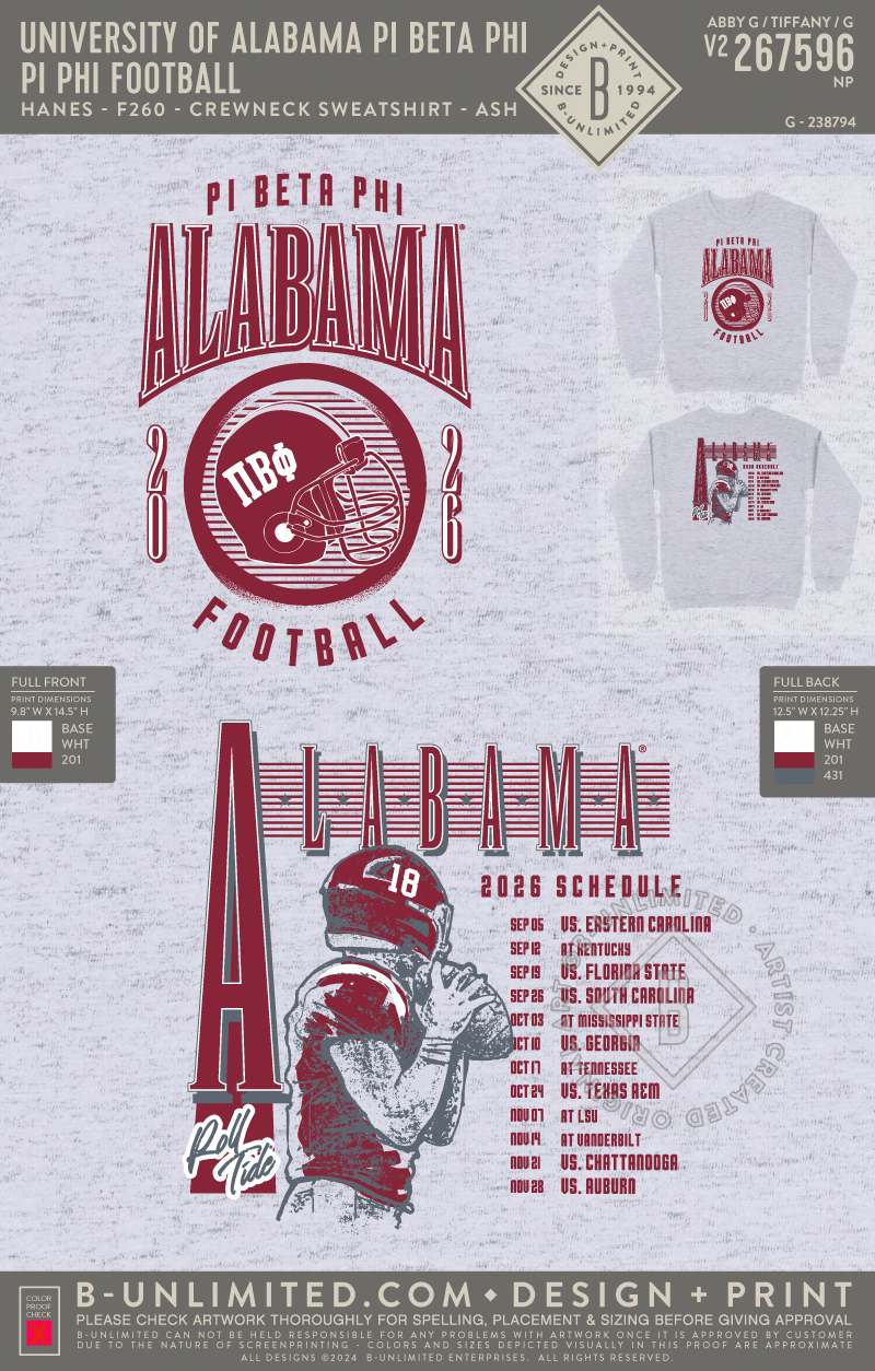 University of Alabama Pi Beta Phi - Pi Phi Football - Hanes - F260 - Sweatshirt - Ash