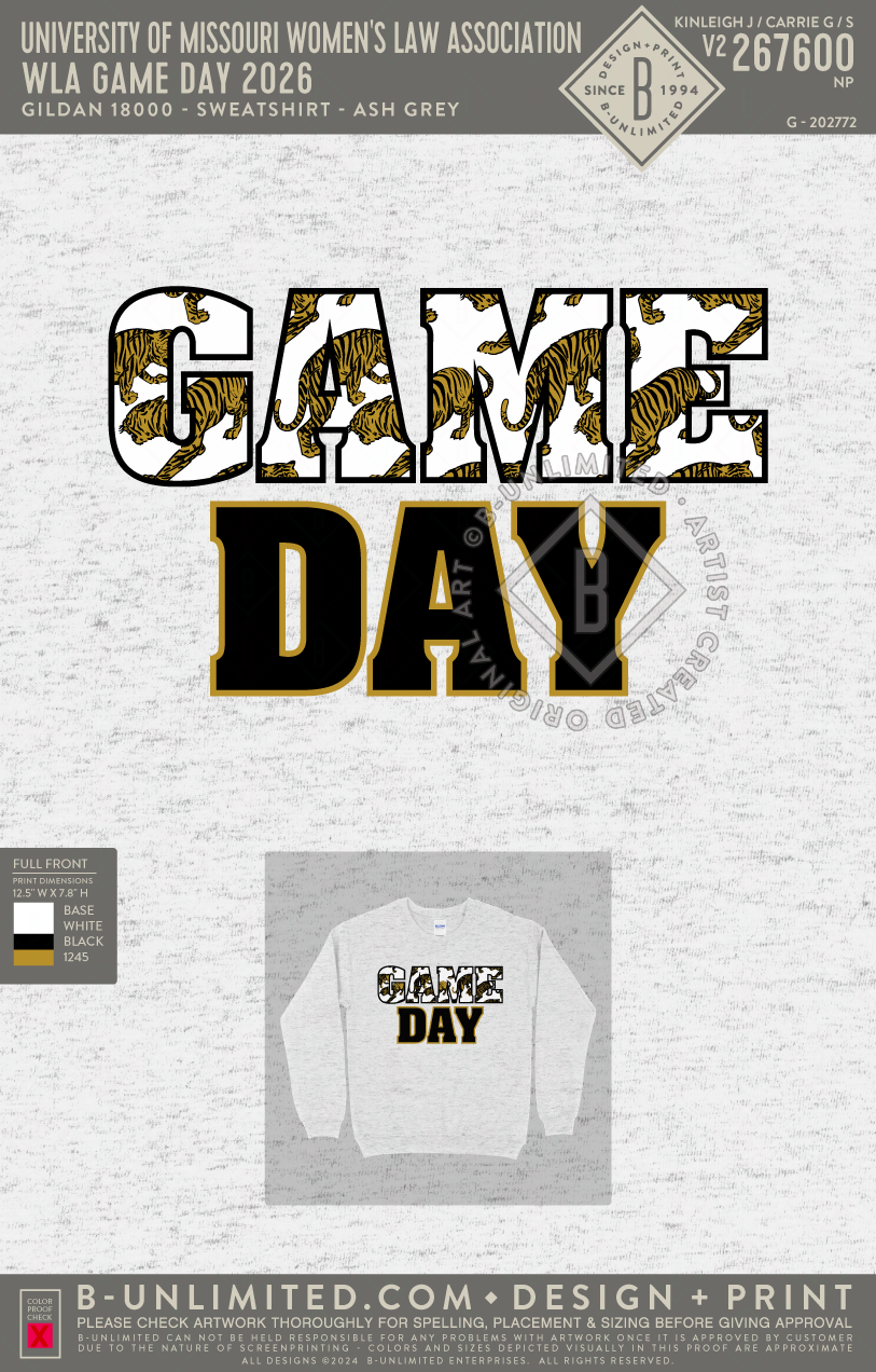 University of Missouri Women's Law Association - WLA Game Day 2026 - Gildan - 18000 - Crewneck Sweatshirt - Ash Grey