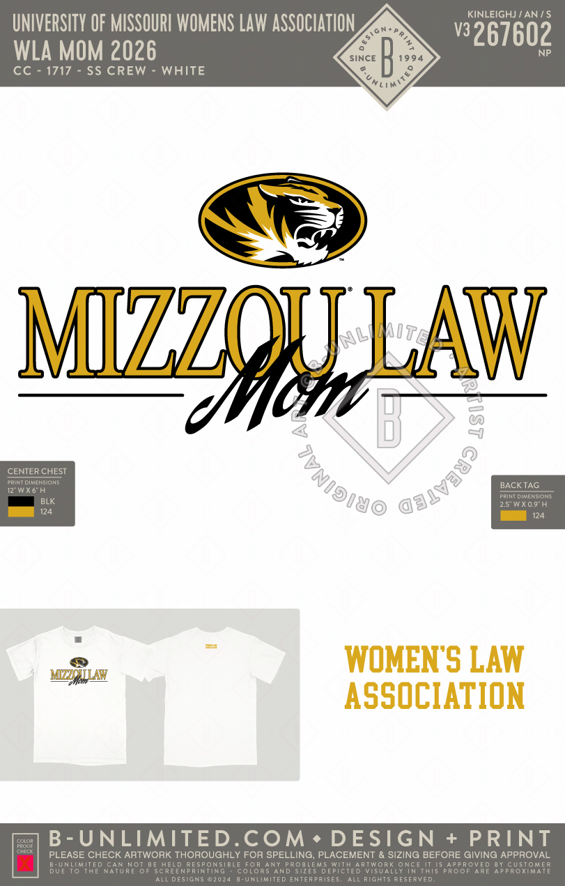 University of Missouri Women's Law Association - WLA Mom 2026 - CC - 1717 - SS Crew - White
