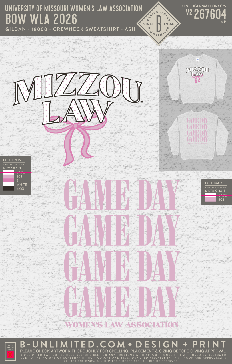 University of Missouri Women's Law Association - Bow WLA 2026 - Gildan - 18000 - Crewneck Sweatshirt - Ash Grey