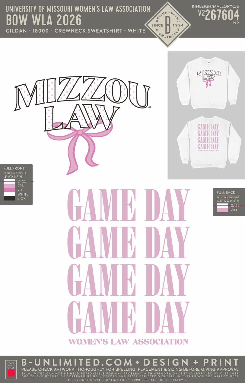 University of Missouri Women's Law Association - Bow WLA 2026 - Gildan - 18000 - Crewneck Sweatshirt - White