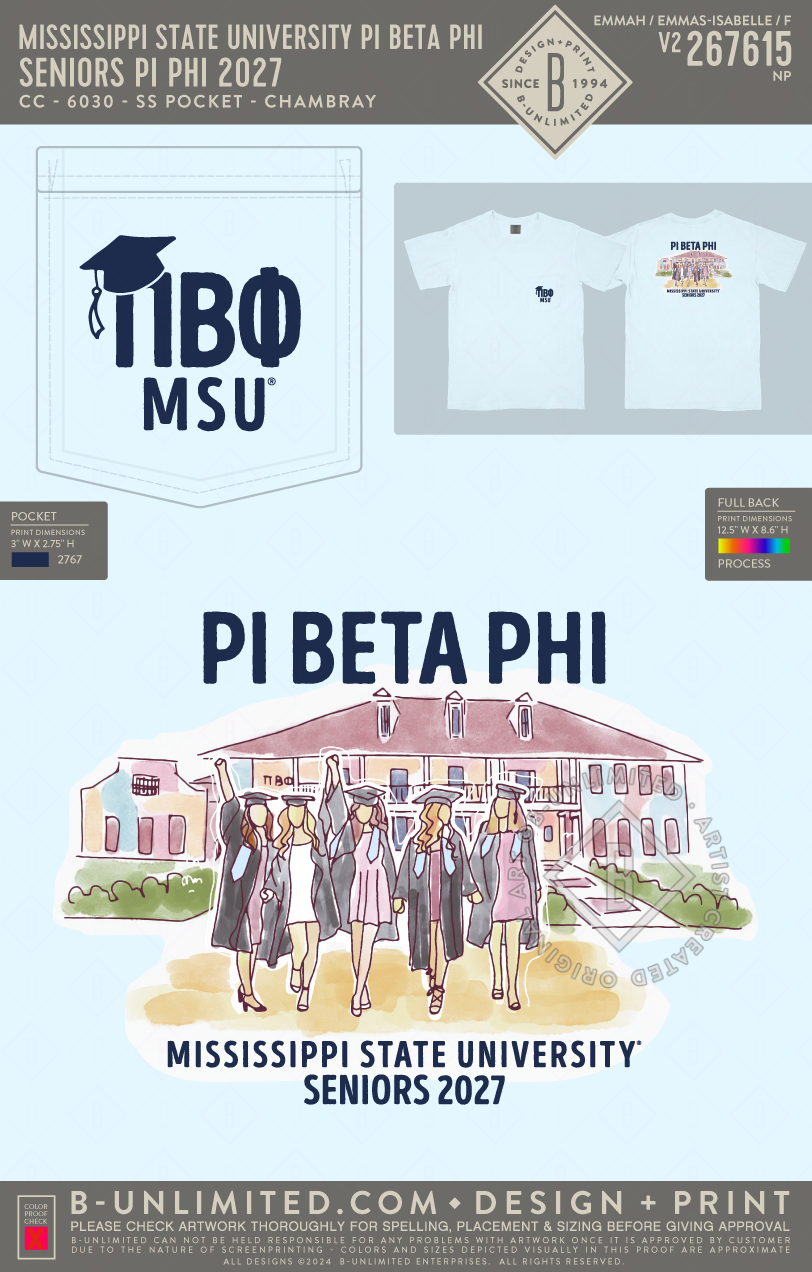 Mississippi State University Pi Beta Phi - Seniors Pi Phi 2027 - CC - 6030 - SS Pocket - Chambray