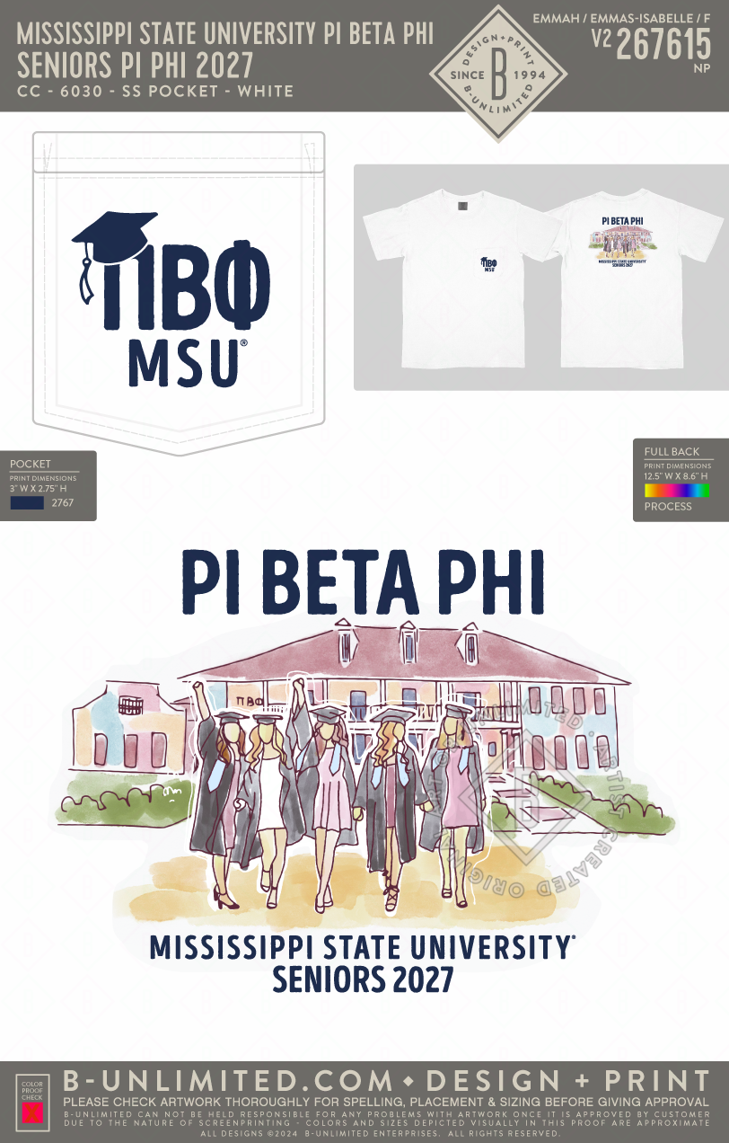 Mississippi State University Pi Beta Phi - Seniors Pi Phi 2027 - CC - 6030 - SS Pocket - White