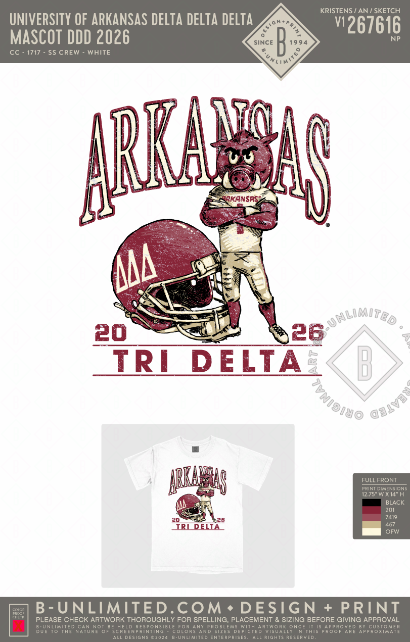 University of Arkansas Delta Delta Delta - Mascot DDD 2026 - CC - 1717 - SS Crew - White