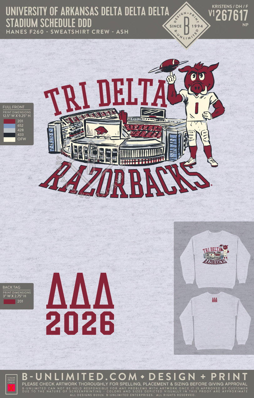 University of Arkansas Delta Delta Delta - Stadium Schedule DDD - Hanes - F260 - Sweatshirt - Ash